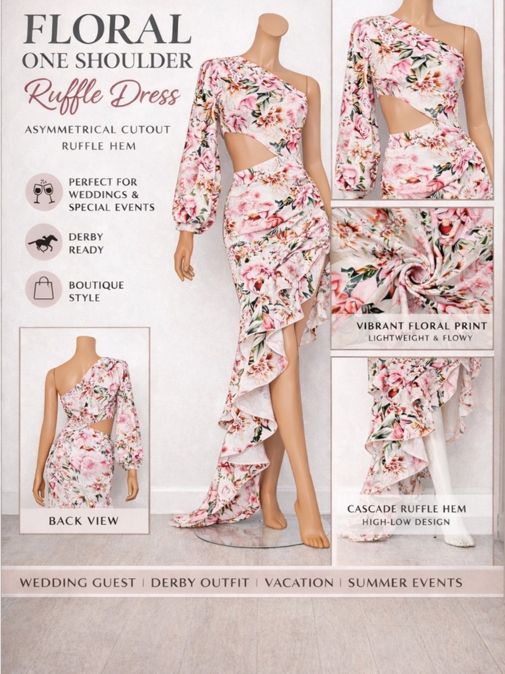 Floral Asymmetrical Women's Dress - Pink Bloom - Picture 6 of 6
